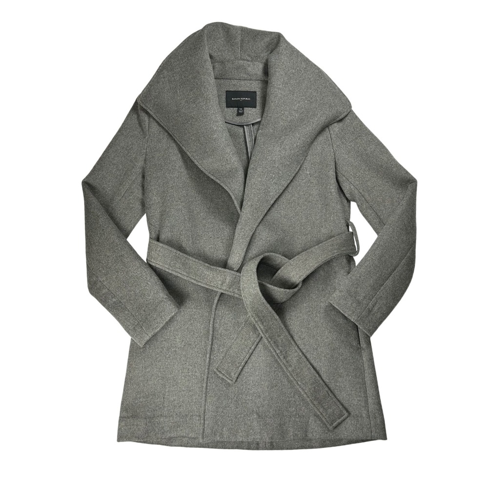 Banana Republic Womens XS Grey Wool Blend Shawl Collar Belted‎ Wrap Coat Jacket